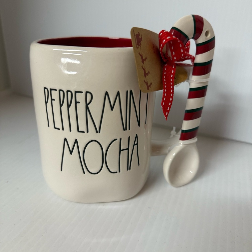 Rae Dunn Peppermint Mocha Mug with Candy Cane Spoon - Cream and Red